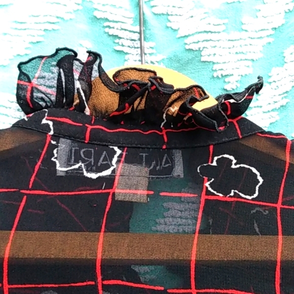 SEXY Sheer Size Large Vintage 70s CIRCLE SKIRT Tied Ruffled Neck Cuffs Dress - Picture 7 of 9